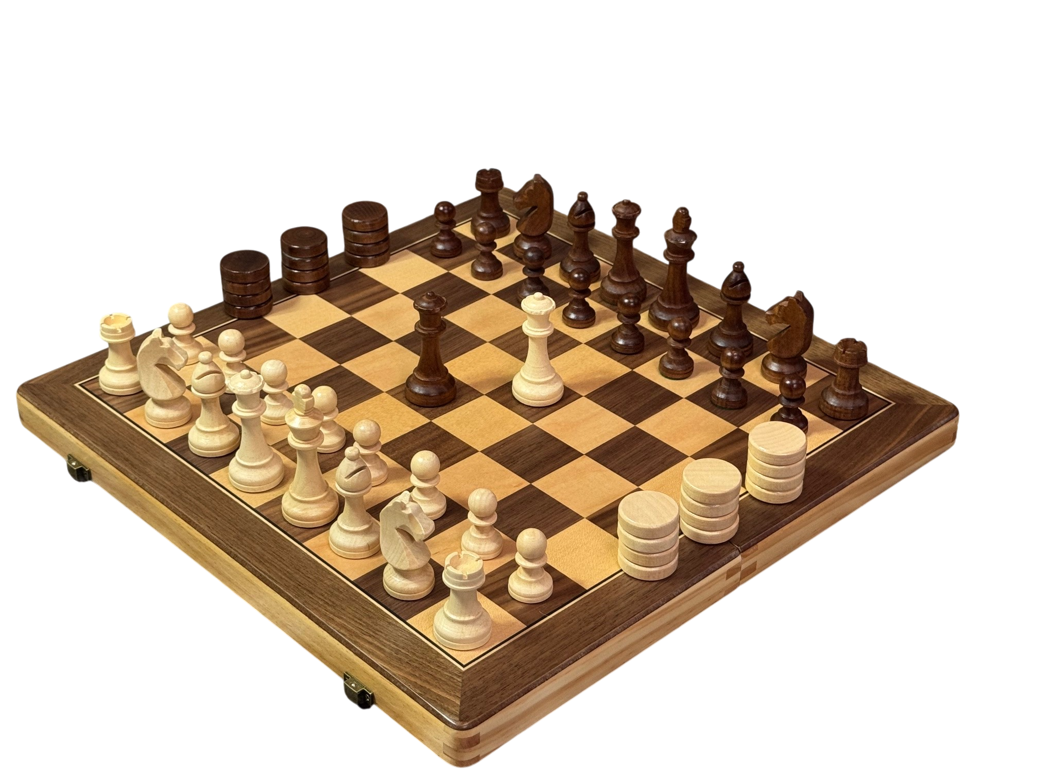 15"  Walnut  2-1 Chess and Draughts Magnetic Chess Set
