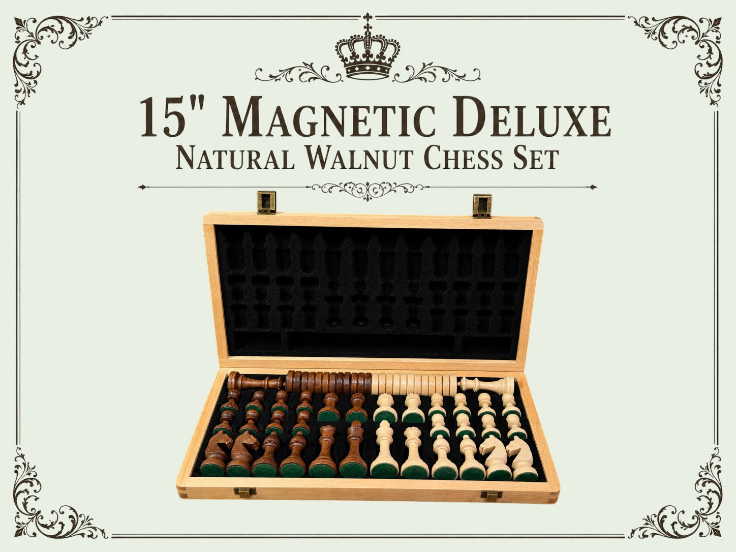 15"  Walnut  2-1 Chess and Draughts Magnetic Chess Set
